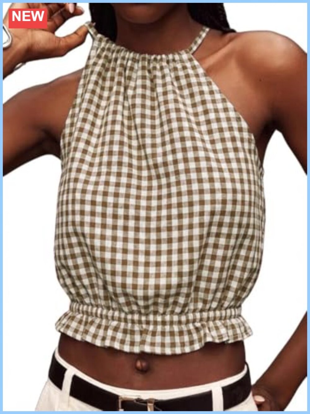 Women's Halter Tank Top Sleeveless Crop Linen High Neck Ruffle Hem Summer